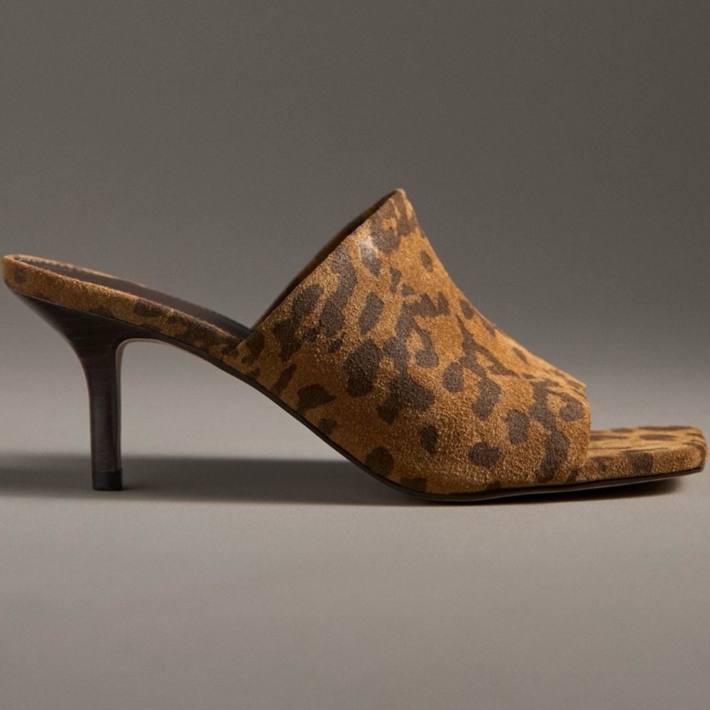 🟠NWT ANTHROPOLOGIE Square-Toe Heeled Leather Mules in Cheetah Suede